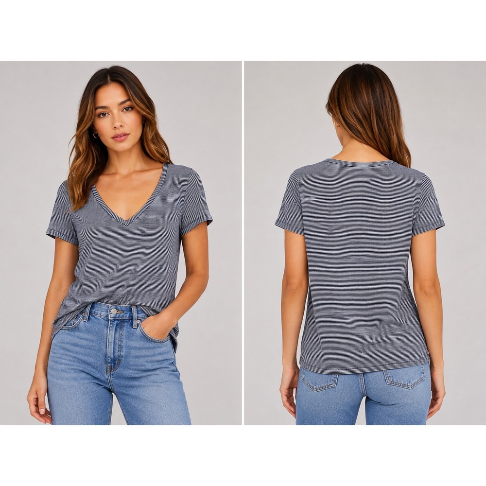 J.Crew Stretch Linen Blend Stripe V-Neck Tee Navy White Women's Medium - Picture 9 of 9